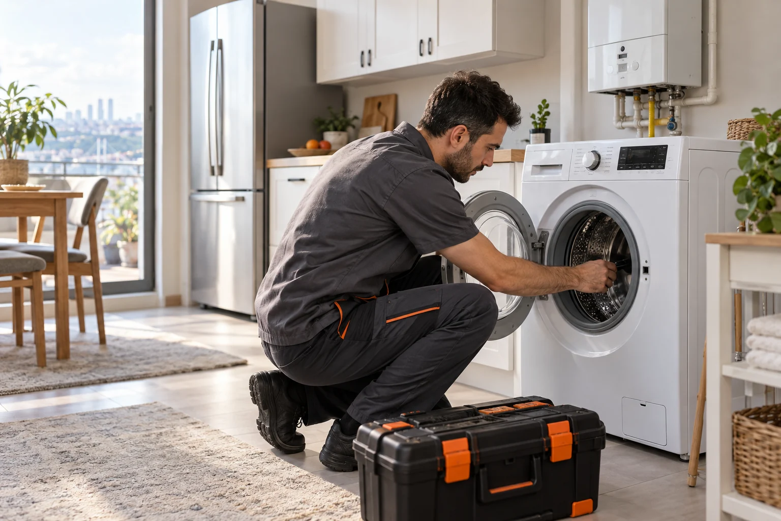 Ev ortamında çamaşır makinesini kontrol eden teknik servis çalışanını gösteren temsili görsel